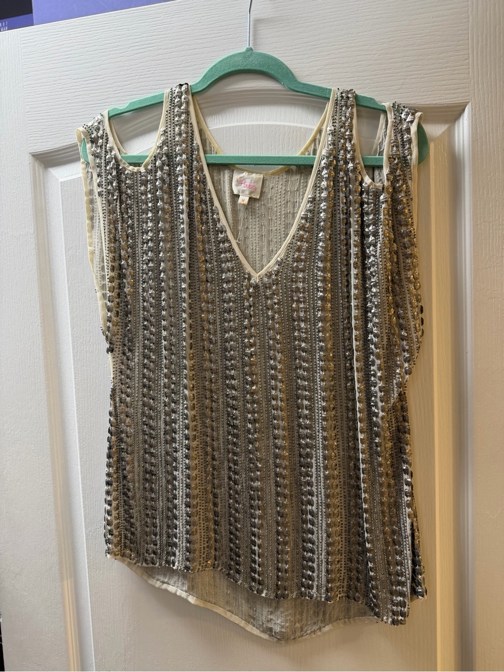 Parker Beaded V-Neck Sleeveless Top - Cream & Silver